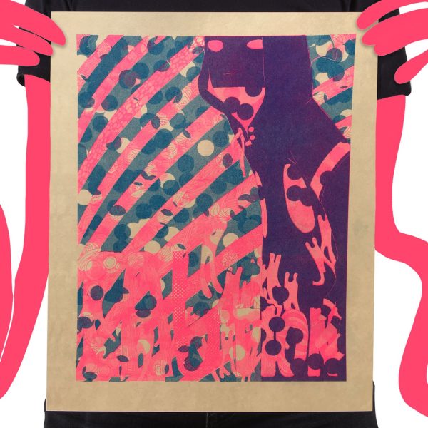Risograph Print Caution Tan Pink Guy